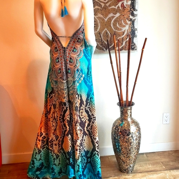 *LAST ONE***MANISH VAID Jquad-Turqouise Python Cry.Emb. Hi-Lo Dress NWT OS - Picture 8 of 12